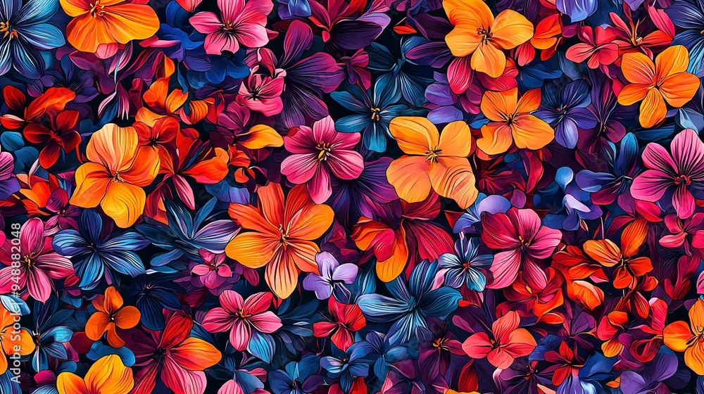 Sticker grouped colorful flowers on purple background with central red-orange-blue blossoms