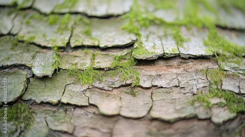 Poster the textured surface of a tree bark with moss showcases intricate natural patterns up close in macro
