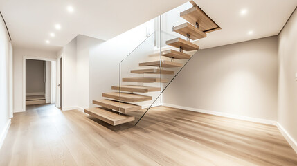 Modernized staircase with glass railings and floating wooden steps, adding a touch of contemporary elegance to the space, staircase renovation, modern minimalism