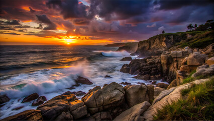 Obraz premium A rocky coastline at sunset, with waves crashing against the cliffs. The sky is ablaze with oranges and purples, and the sea reflects the colors, creating a dramatic and powerful scene