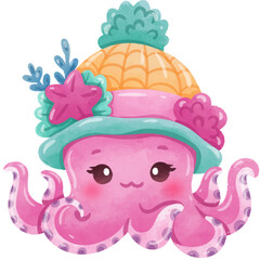 Pink octopus with striped hat watercolor illustration