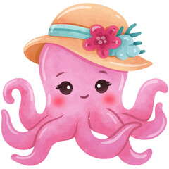 Pink octopus with striped hat watercolor illustration