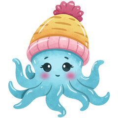 Blue octopus with striped hat watercolor illustration
