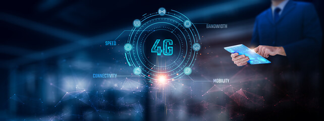 4G Technology: Businessman using tablet analyzing 4G technology record on tablet. Digital communication and network connection on modern virtual screen interface, mobility, technology and network.