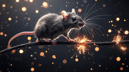Artistic depiction of a rat caught in the act of chewing on electrical wires, with sparks and a dark, shadowy background emphasizing the danger, rodent threat, electrical hazard