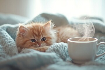 Fototapeta premium Cozy Cat and Coffee: Warm Home Comforts with a Fluffy Kitten