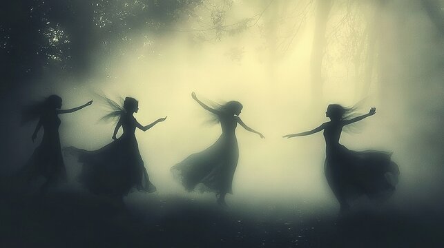  Three women in a forest, arms outstretched amidst the misty scenery