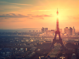 Obraz premium The Eiffel Tower silhouetted against a colorful sunset sky in Paris, a romantic and iconic view.