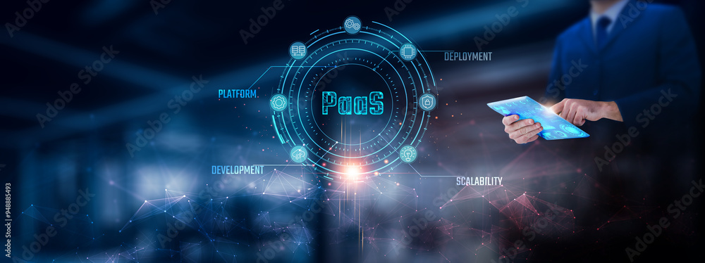 Poster paas: businessman using tablet analyzing paas record on tablet. digital platform and network connect