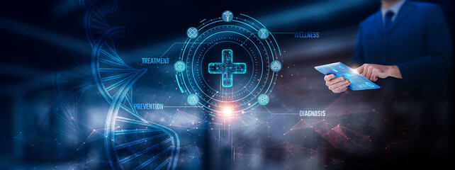 Businessman using tablet analyzing medical record on tablet. DNA. Digital healthcare and network connection on modern virtual screen interface, medical insurance, technology and network.