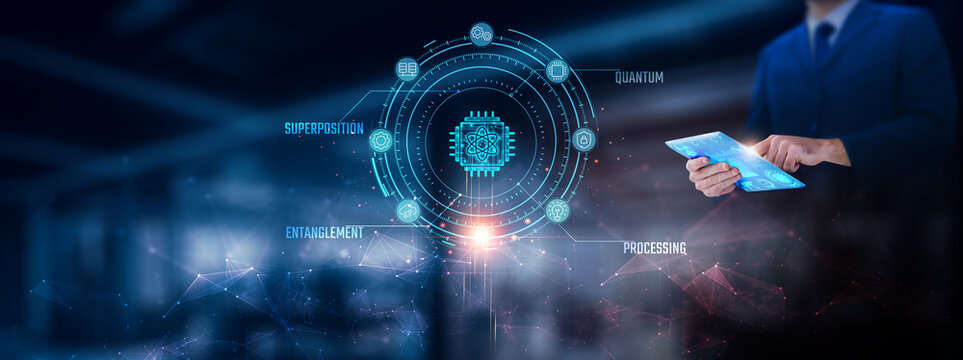 Quantum Computing: Businessman using tablet analyzing quantum computing record on tablet. Digital processing and network connection on modern virtual screen interface, technology, and network.