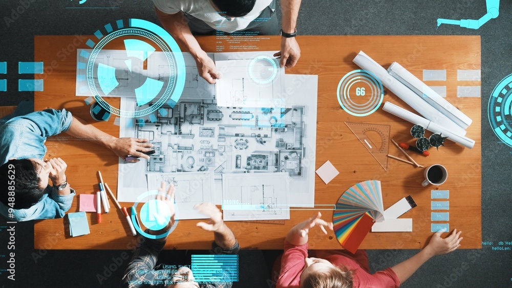 Aufkleber top down view of business team with casual outfit looking laptop screen and sharing idea. aerial vie