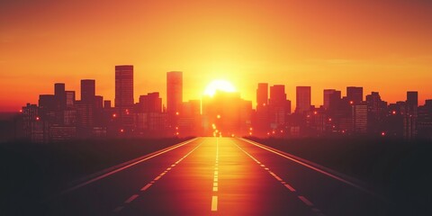 A city skyline with a large sun in the sky