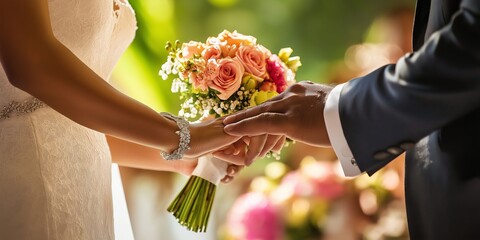 A bride and groom are exchanging wedding vows. The bride is holding a bouquet of flowers and the groom is holding her hand. The scene is filled with love and happiness