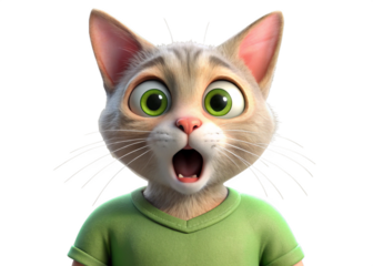Feeling Surprised shocked scared cartoon cat wearing green t-shirt isolated, PNG. People feelings expression