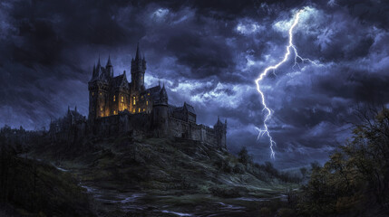 Naklejka premium Halloween Dark Stormy Night with Lightning and a Haunted Mansion 