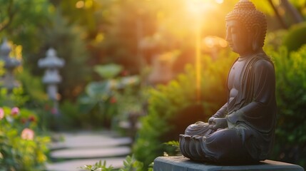 Buddha Statue in a Tranquil Garden at Sunset