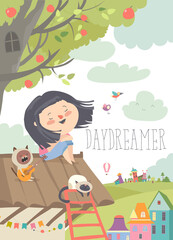 Pretty daydreamer sitting with cats on the roof