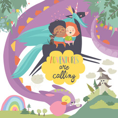 Naklejka premium Happy children,dragon and unicorn. Adventures are calling