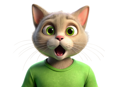 Feeling Surprised shocked scared cartoon cat wearing green t-shirt isolated, PNG. People feelings expression
