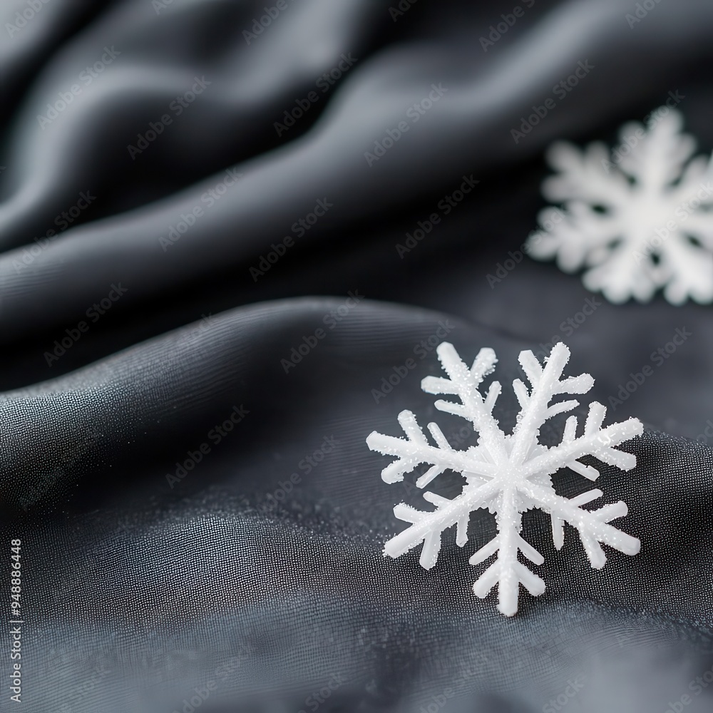 Poster a detailed shot captures a snowflake on black fabric, highlighting its unique crystal patterns in ma