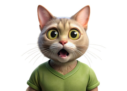 Feeling Surprised shocked scared cartoon cat wearing green t-shirt isolated, PNG. People feelings expression