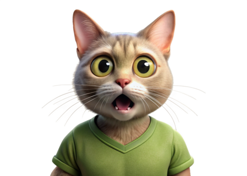 Feeling Surprised shocked scared cartoon cat wearing green t-shirt isolated, PNG. People feelings expression
