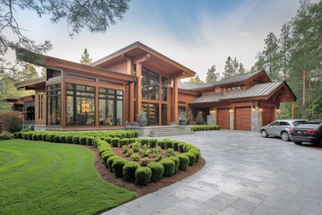 Modern Log Luxury: Grand mountain lodge style home with manicured landscaping 