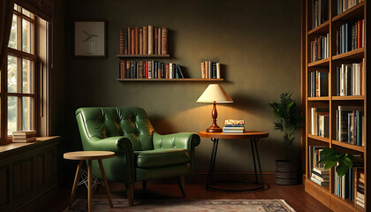  illustration of a cozy retro study room with a comfortable green leather armchair from the 1950s, a small table lamp, and shelves filled with books.