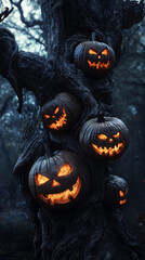 Spooky Halloween Tree with Jack-o'-Lantern Faces in Haunted Woods
