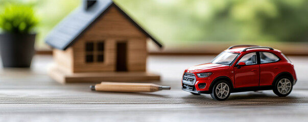 Red model car and wooden house on a table representing property ownership, car financing, or insurance concepts.