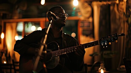 Naklejka premium Black male guitarist serenading an intimate audience in a chic cafÃ© setting, with soft lighting highlighting his performance 