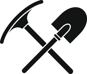 Minimalist black and white vector illustration representing a shovel and a pickaxe crossed, forming an x shape