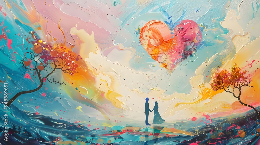 Wall mural couple standing beneath a heart shaped cloud in a colorful dreamlike landscape