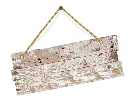 Vieille pancarte bois suspendue, fond blanc 