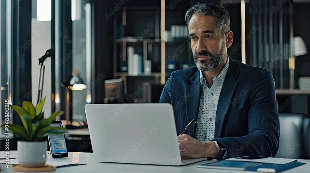 Poster business executive checking analytics on a laptop and coordinating with team members via smartphone 