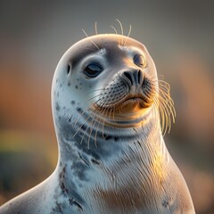 close up graceful seal with a smooth, glossy coat and a friendly expression, softly blurred oceanic backdrop, warm, soft enhancing the details and texture of the seal s