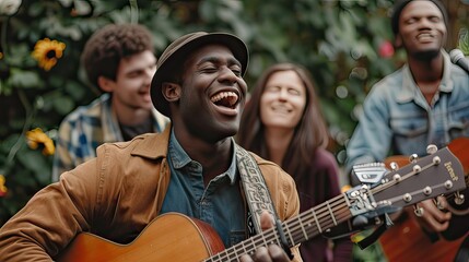 Fototapeta premium Energetic Black man singing and playing an acoustic guitar outdoors, surrounded by friends and a festive atmosphere. 