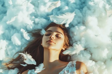 Dreamy Serenity: Ethereal Beauty with Feathers and Clouds