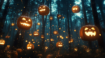 Floating Halloween Jack-o'-Lanterns in a Haunted Forest
