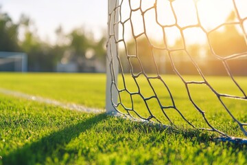 Close-up of a soccer goal net with a blurred field in the background.