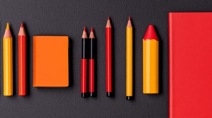 Naklejka premium A diverse array of vibrant office and school supplies meticulously arranged on a dark textured surface highlighting creativity organization and productivity