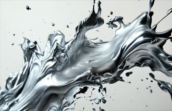 Silver paint explosion on white background. Mercury quicksilver splash explode