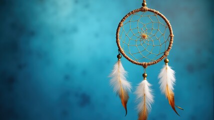 Dreamcatcher with feathers on a vibrant blue background