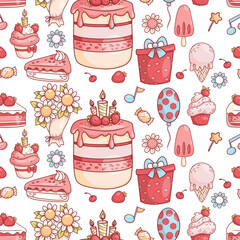 Seamless holiday pattern. Cream birthday cake , pieces cream dessert, cupcake and ice cream, gift, bouquet