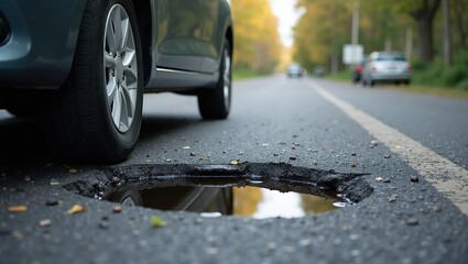 Car approaching pothole on road in rural setting during early morning