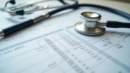 Stethoscope on medical bill with calculator and pen nearby for financial analysis