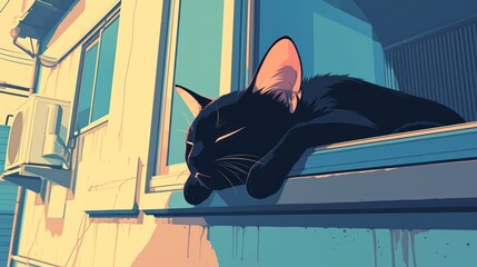 Obraz premium The black cat sleeps peacefully on the windowsill in a bright, stylized urban environment. Cartoon scene