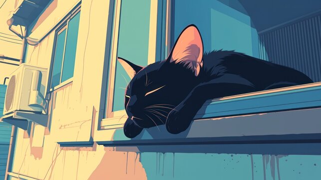 The black cat sleeps peacefully on the windowsill in a bright, stylized urban environment. Cartoon scene