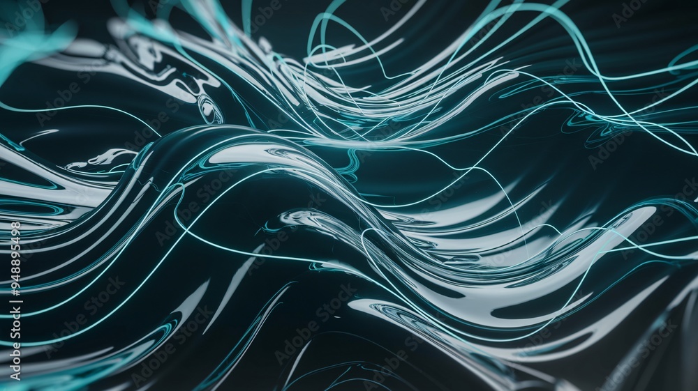 Poster abstract liquid flow: a mesmerizing digital render of flowing, luminous teal liquid. the dynamic lin